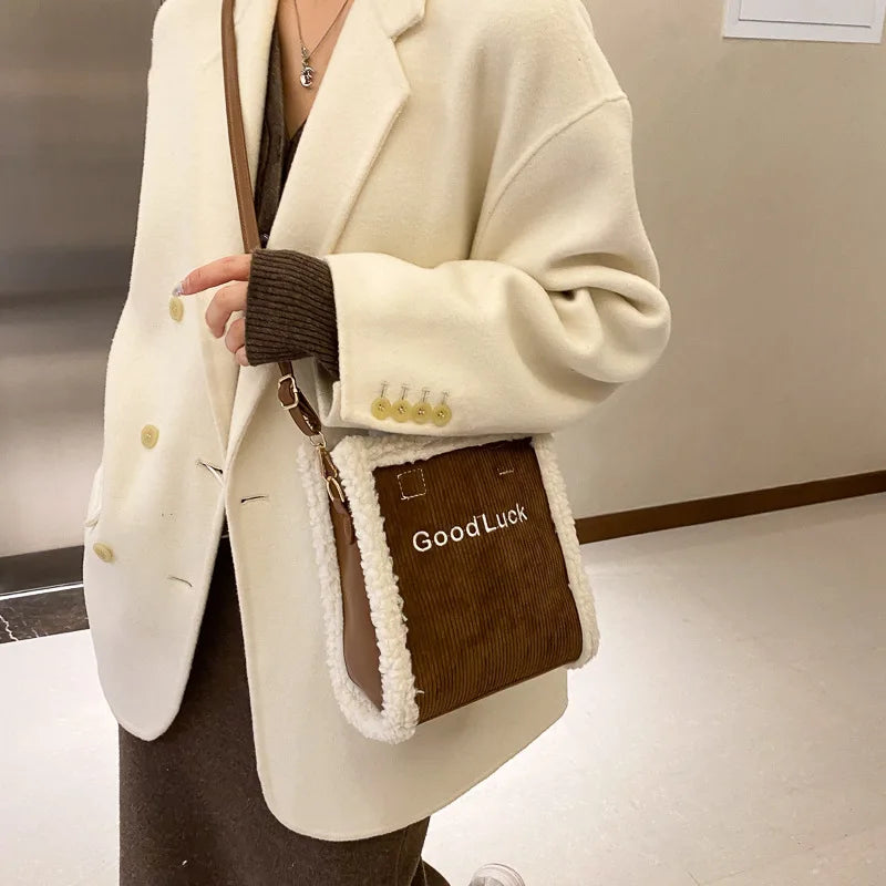 Lambswool Corduroy Women Crossbody Messenger Shoulder Bag Embroidery Handbag