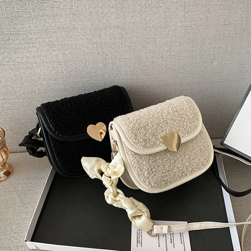 Vintage Lambswool Shoulder Bag with Ins Ribbon Strap for Women