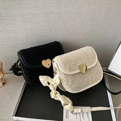 Vintage Lambswool Shoulder Bag with Ins Ribbon Strap for Women
