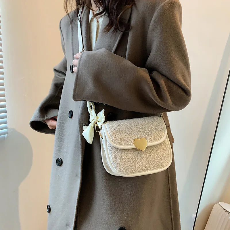 Vintage Lambswool Shoulder Bag with Ins Ribbon Strap for Women