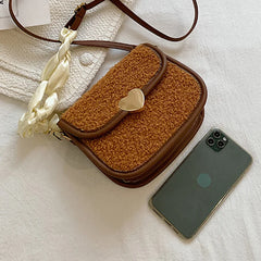 Vintage Lambswool Shoulder Bag with Ins Ribbon Strap for Women