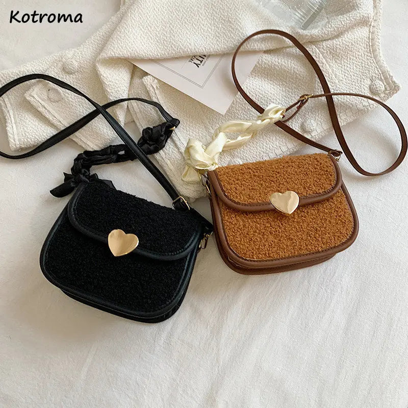 Vintage Lambswool Shoulder Bag with Ins Ribbon Strap for Women