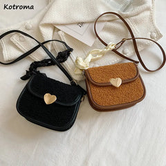 Vintage Lambswool Shoulder Bag with Ins Ribbon Strap for Women