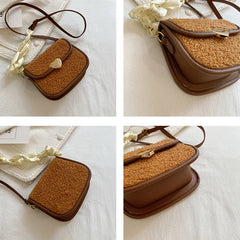 Vintage Lambswool Shoulder Bag with Ins Ribbon Strap for Women