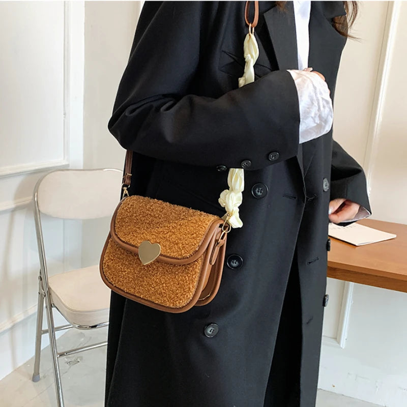 Vintage Lambswool Shoulder Bag with Ins Ribbon Strap for Women