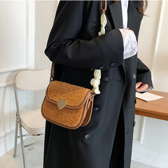 Vintage Lambswool Shoulder Bag with Ins Ribbon Strap for Women