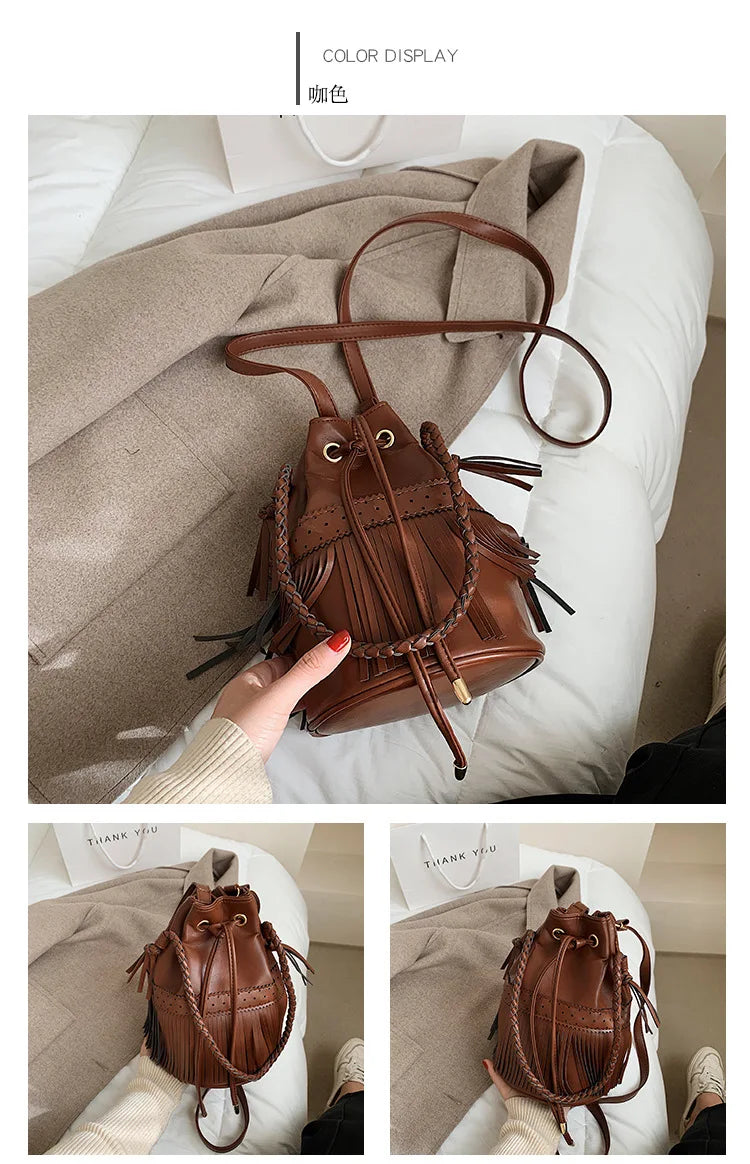 Fringe Women's Shoulder Bag PU Leather Crossbody Bucket Handbag