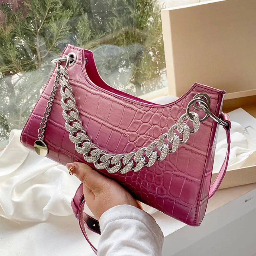 Diamond Chain Tote Bag Crocodile Pattern Shoulder Bag