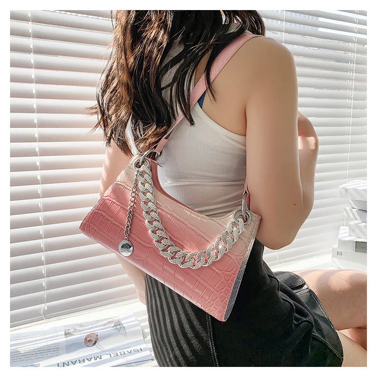 Diamond Chain Tote Bag PU Leather Women's Handbag Crocodile Pattern Shoulder Bag