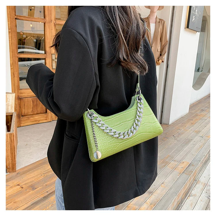 Diamond Chain Tote Bag Crocodile Pattern Shoulder Bag