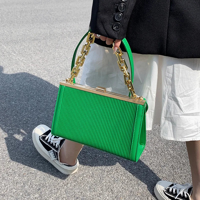 Chain Handle Pleated Shoulder Bag Clutch Purses Crossbody Bag Long Belt