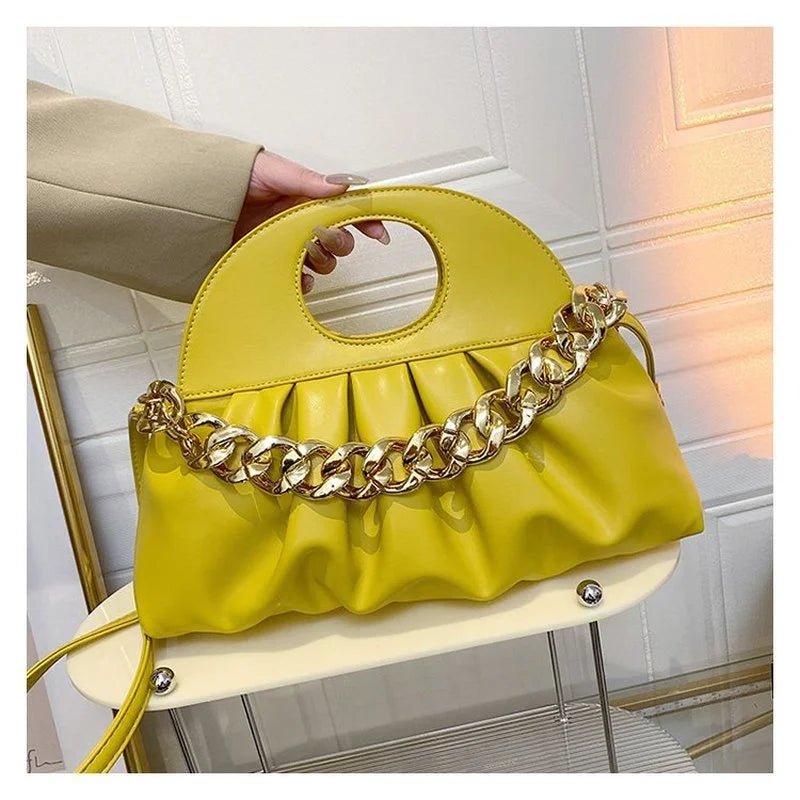 Thick Chain Handle Pleated Shell Bag - Women's Clutch Purse