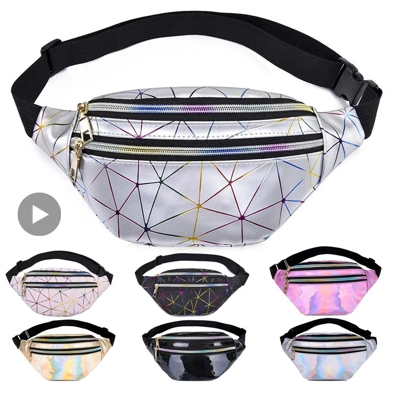 Holographic PU Leather Fanny Pack Waist Bag Men Women Belt Hip Handbag