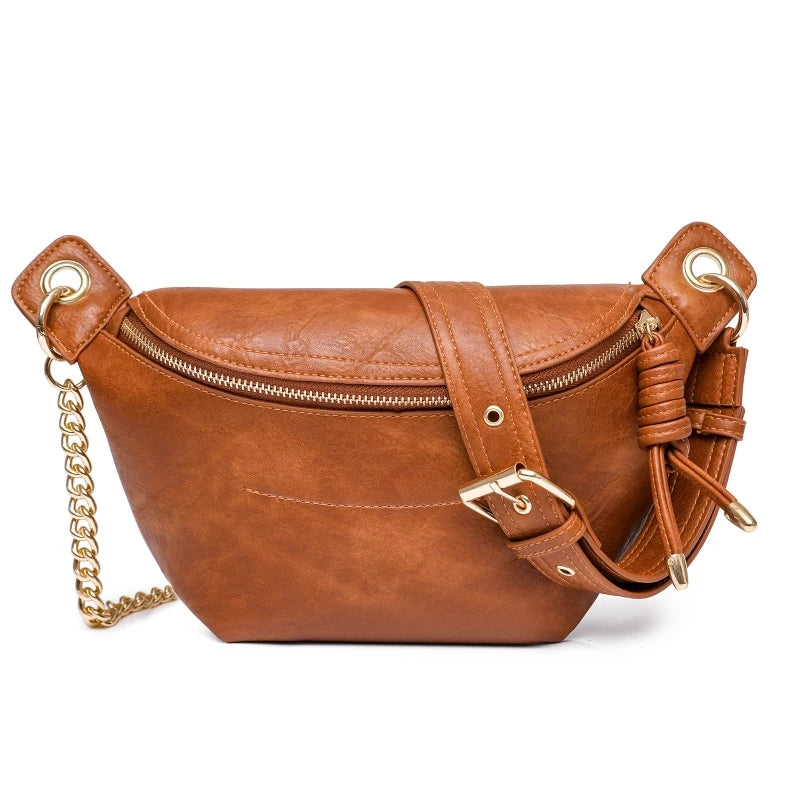 Women's PU Leather Waist Sling Bag with Chain Strap