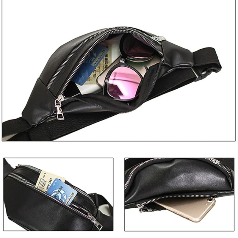 Adjustable PU Leather Fanny Pack with Zipper Pockets - Travel Waist Bag