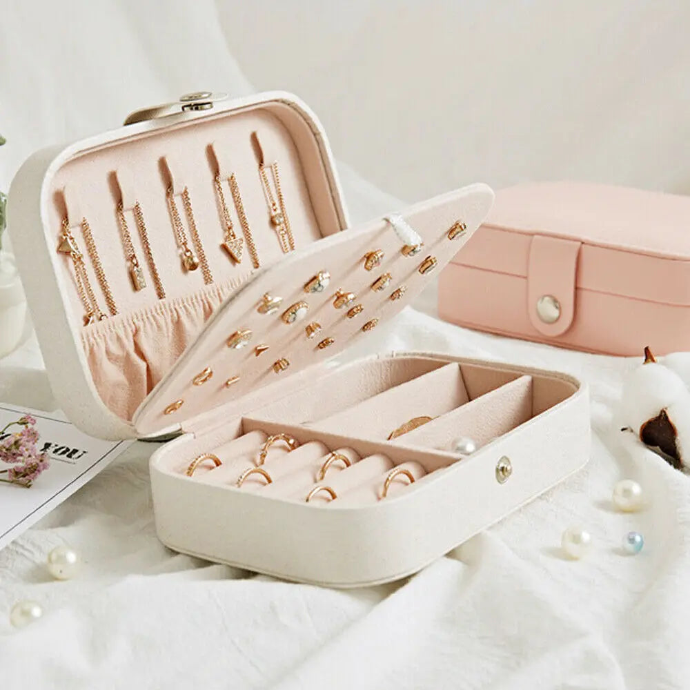 2 Layers Jewelry Case Zipper PU Leather Storage Box Earring Necklace
