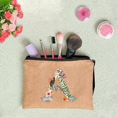 Flower Cosmetic Bag Zipper Pouch Linen Travel Makeup Bag