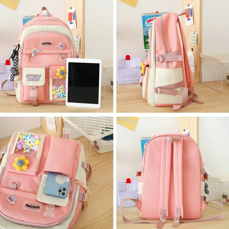 5 Piece Set Women Backpack Contrast School Bag Large Capacity Knapsack