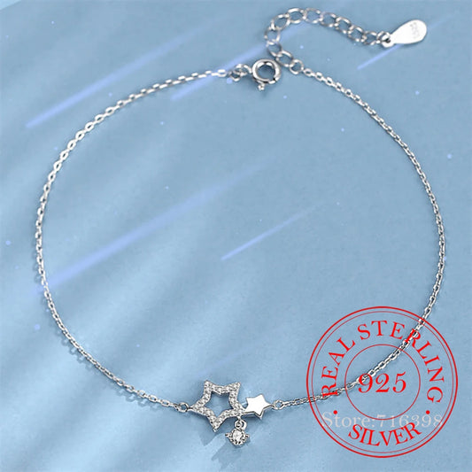 925 Silver Crystal Star Charm Bracelet Bangle Women Wedding Party Jewelry