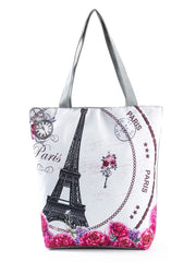 Floral Eco Reusable Linen Bag with Paris Tower Print