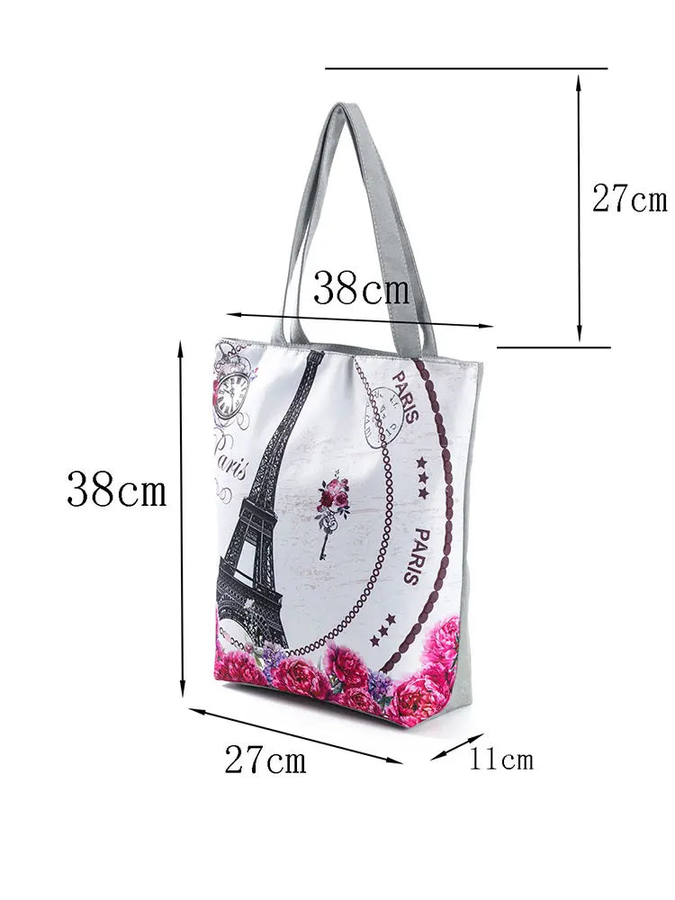 Floral Eco Reusable Linen Bag with Paris Tower Print