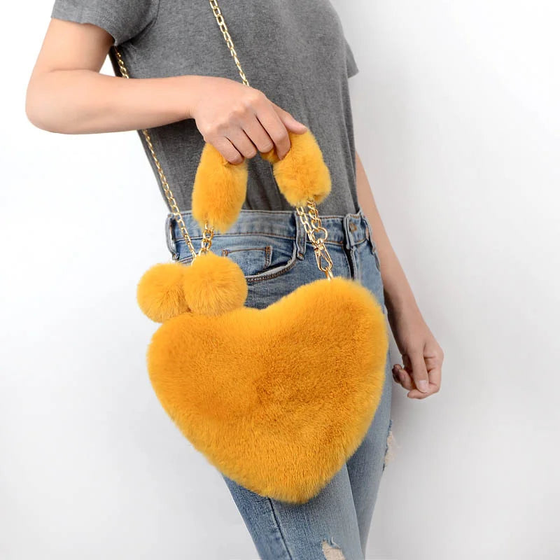 Heart-Shaped Artificial Fur Shoulder Bag Lady Messenger Handbag