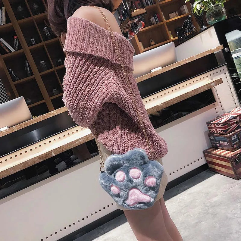 Sweet Girl Shoulder Bag Plush Cat Paw Metal Chain Messenger Bags