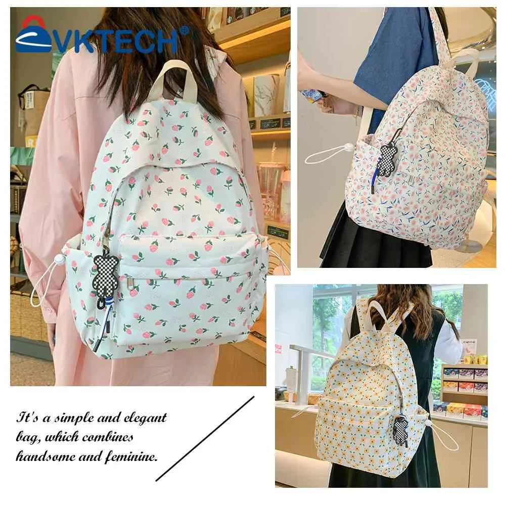 Floral Printed Bookbag Student Rucksack Nylon Daypack for Girls