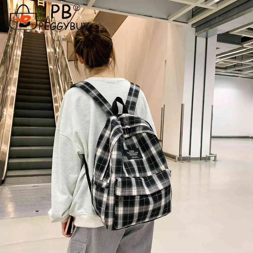 Vintage Plaid Canvas Backpack for Students Girls