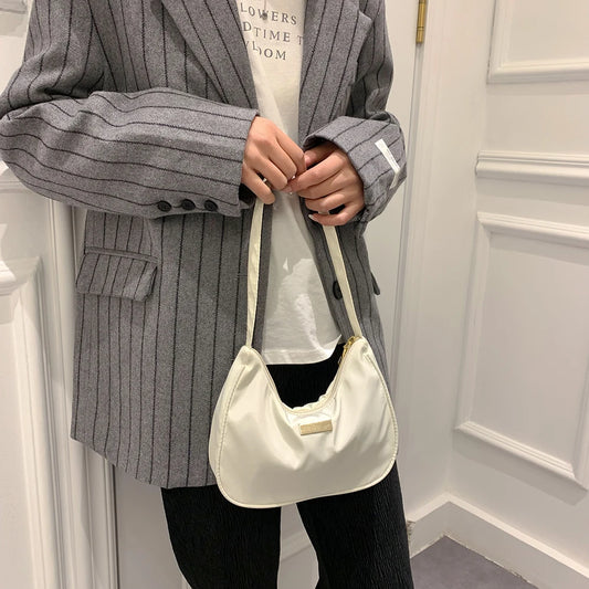 Nylon Solid Shoulder Bag Zipper Small Crescent Messenger Bag Handbags
