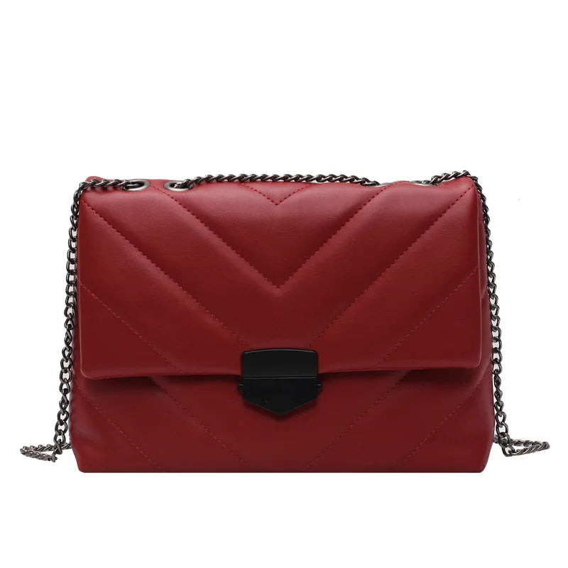 Leather Shoulder Bag with Metal Chain Women's Crossbody Purse