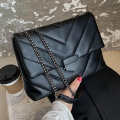 Leather Shoulder Bag with Metal Chain Women's Crossbody Purse