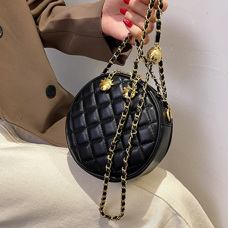 Bell Chain Messenger Bag Women's Solid Pu Diamond Check Shoulder Bag