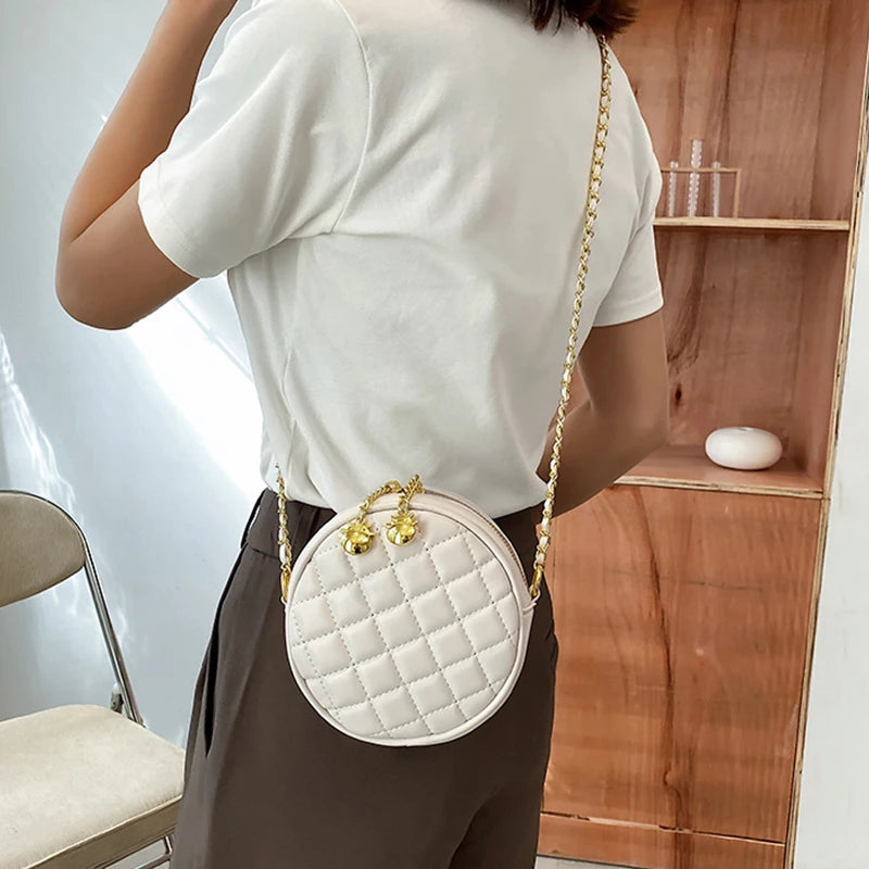 Bell Chain Messenger Bag Women's Solid Pu Diamond Check Shoulder Bag