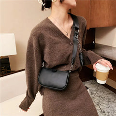 Women Leather Shoulder Bag Wide Strap Messenger Handbag