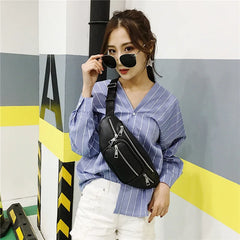Women PU Leather Chest Fanny Pack Punk Crossbody Bag Chains Waist Pack
