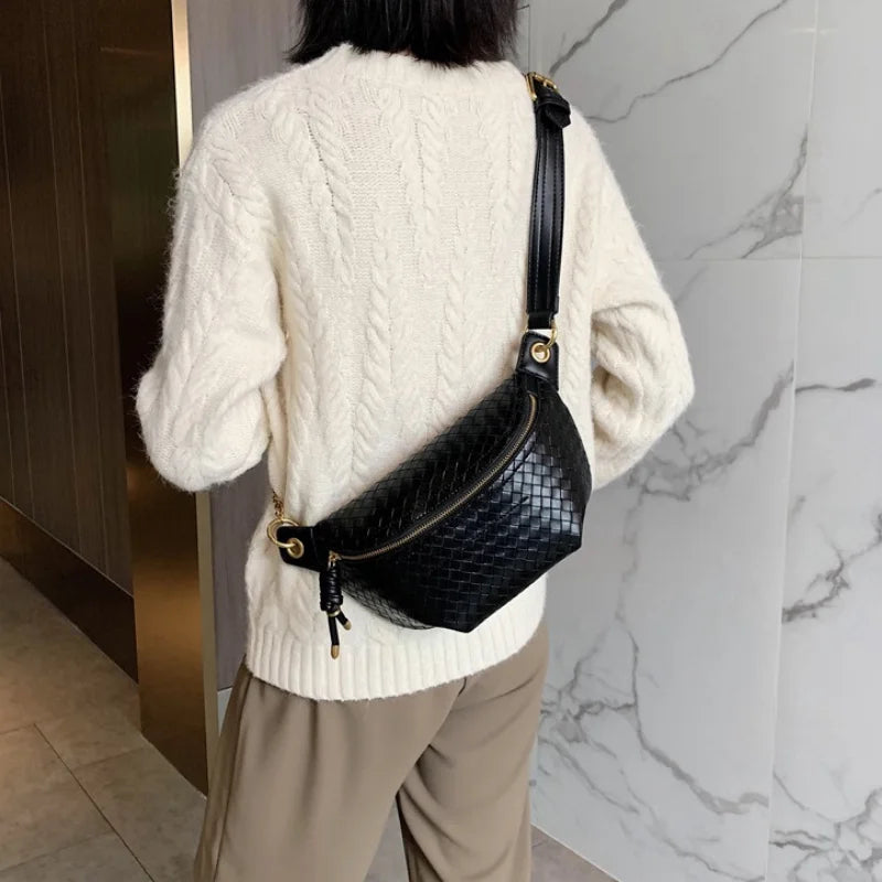 Stylish Braid PU Leather Fanny Pack Chain Crossbody Chest Bag