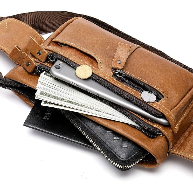 Men Leather Waist Pack Travel Organizer Waist Belt Mobile Phone Bag