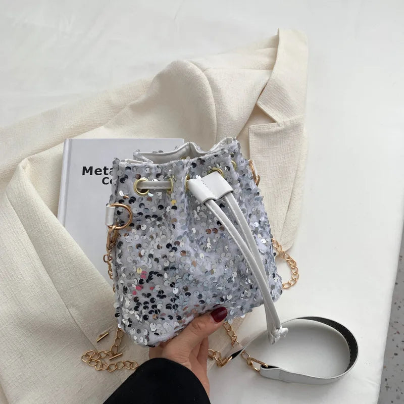 Bucket Shape Shoulder Bag Women Chains Sequined Handbag Purse