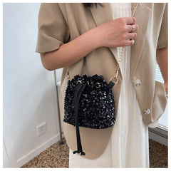 Bucket Shape Shoulder Bag Women Chains Sequined Handbag Purse