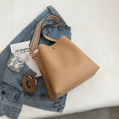 Women's Bucket Bag PU Leather Shoulder Tote Crossbody Wide Strap Handbag