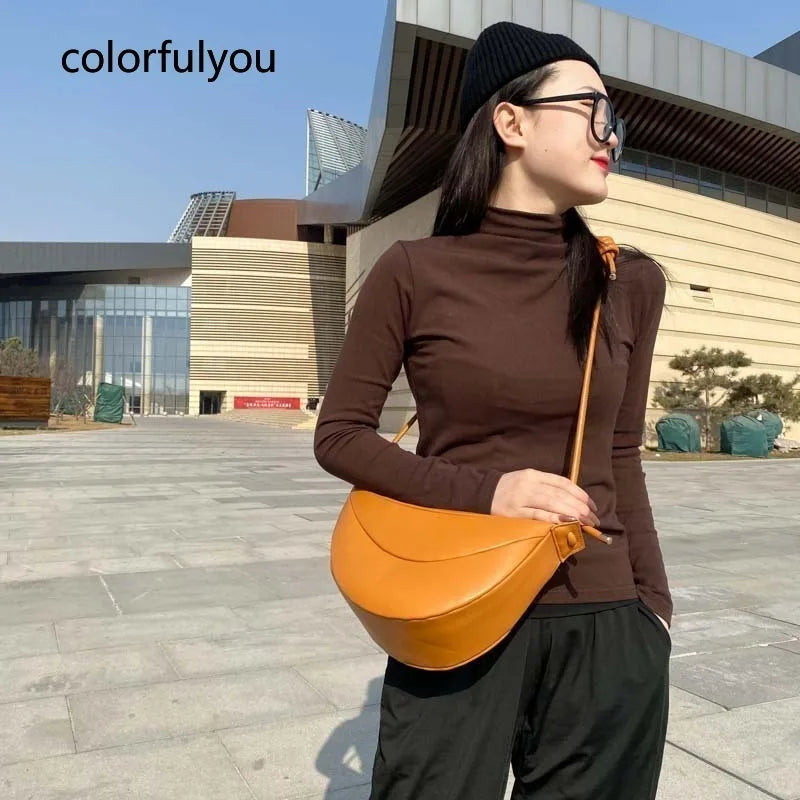 Candy Colors Saddle Bag Women Shoulder Bags Half Circle Pu Leather Handbag