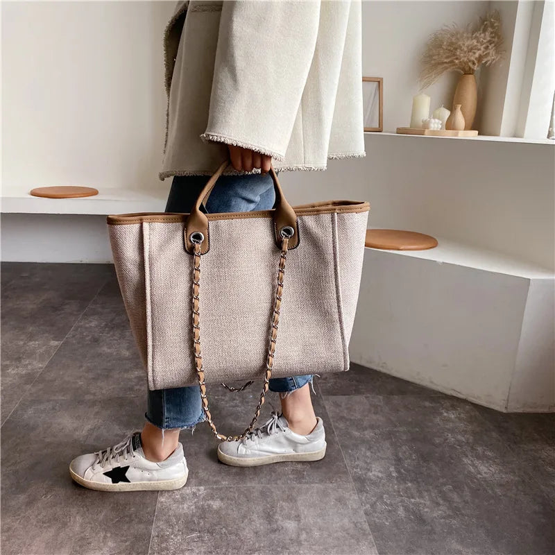 Canvas Chains Handbag Causal Shoulder Tote Bag Solid