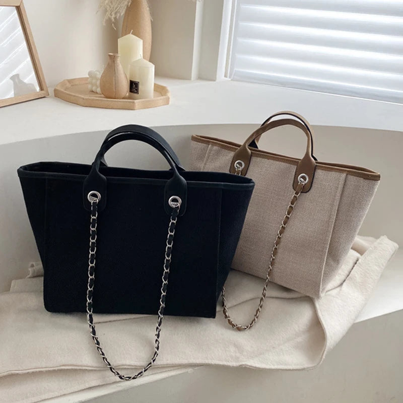 Canvas Chains Handbag Causal Shoulder Tote Bag Solid