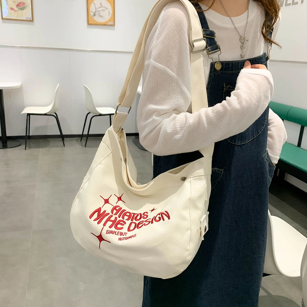 Canvas Messenger Bag Large Capacity Embroidered Letters Travel Handbags