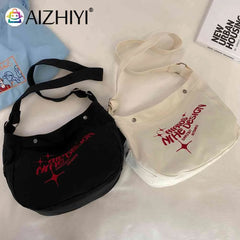 Embroidered Letters Canvas Messenger Bag Large Capacity