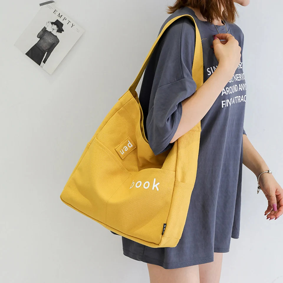 Canvas Shoulder Messenger Bag Large Capacity School Book Storage Handbag Tote