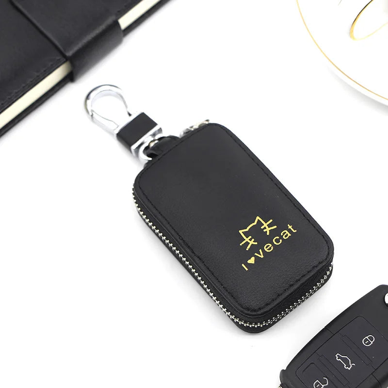 Cat Printed Leather Key Case Zipper Wallet Keychain Holder Cover