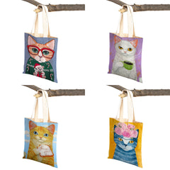 Coffee Cat Women Tote Handbag Canvas Foldable Reusable Cloth Lady Shopping Bag