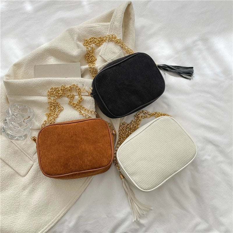 Corduroy Tassel Shoulder Bag with Chain Decoration